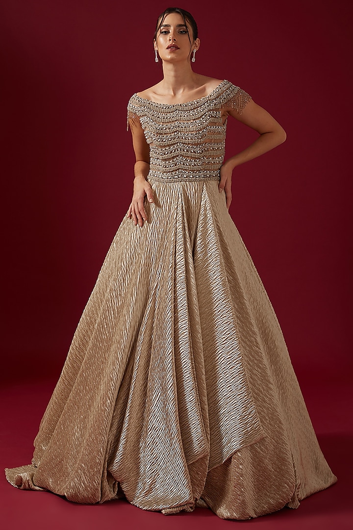 Gold Pleated Satin Embroidered Volume Gown by Shantnu & Nikhil