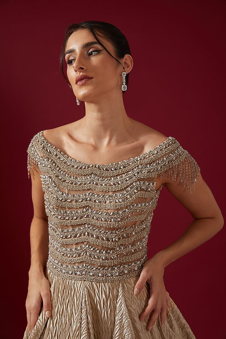Gold Pleated Satin Embroidered Volume Bridal Gown by Shantnu & Nikhil at Pernia's Pop Up Shop