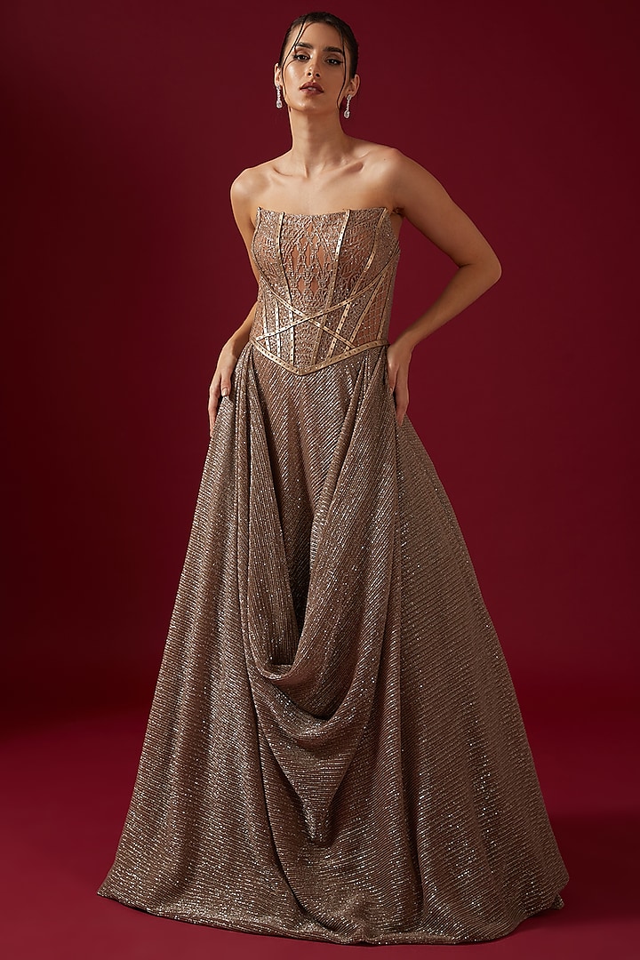 Peach Sequins Embroidered Volume Gown by Shantnu & Nikhil
