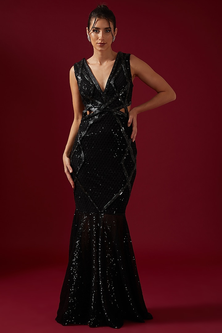 Black Sequins Embroidered Gown by Shantnu & Nikhil