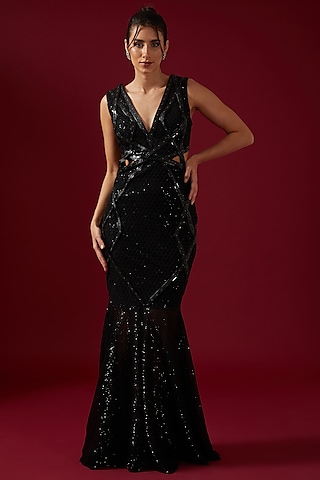 Black Sequins Embroidered Gown by Shantnu & Nikhil
