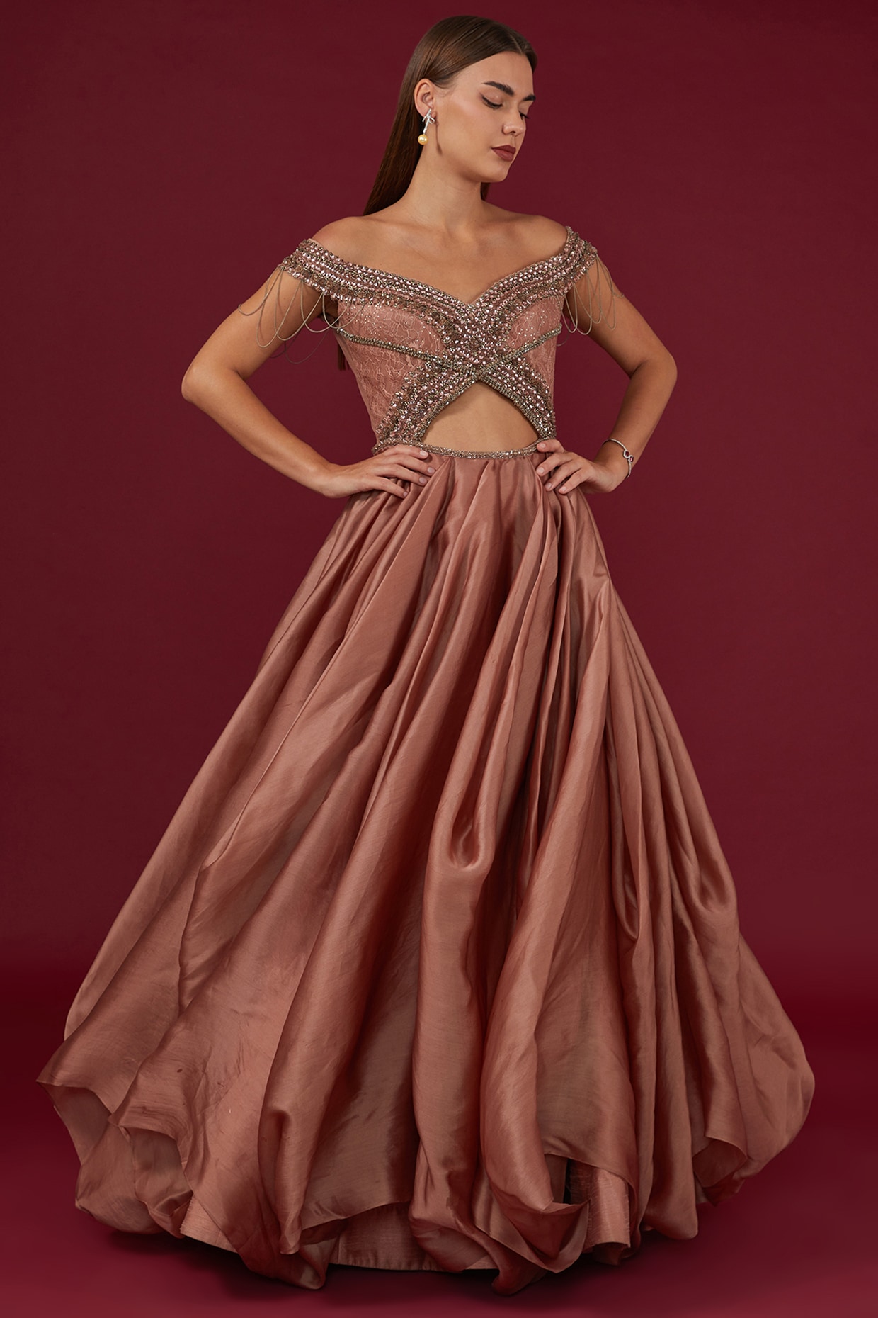 Graceful Dusty Rose Plunging Neckline Semi-formal Dress - VQ
