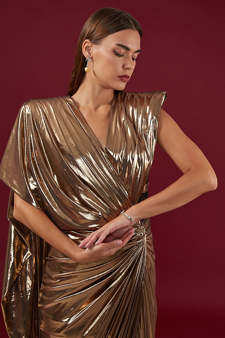 Gold Jersey Foil Draped Power Shoulder Wedding Gown by Shantnu & Nikhil at Pernia's Pop Up Shop