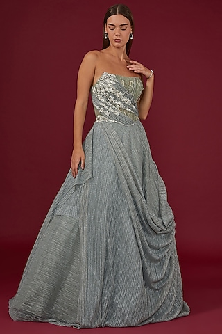 Mint Green Lurex Georgette Zardosi Embroidered Draped Gown by Shantnu & Nikhil