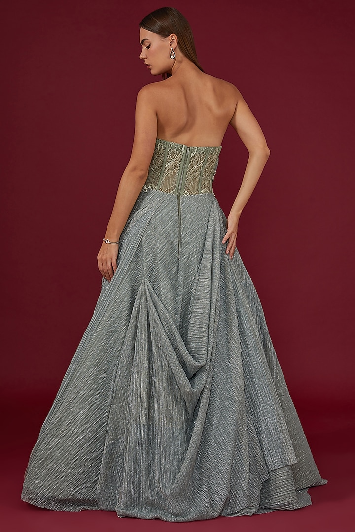 Mint Green Lurex Georgette Zardosi Embroidered Draped Bridal Gown by Shantnu & Nikhil at Pernia's Pop Up Shop