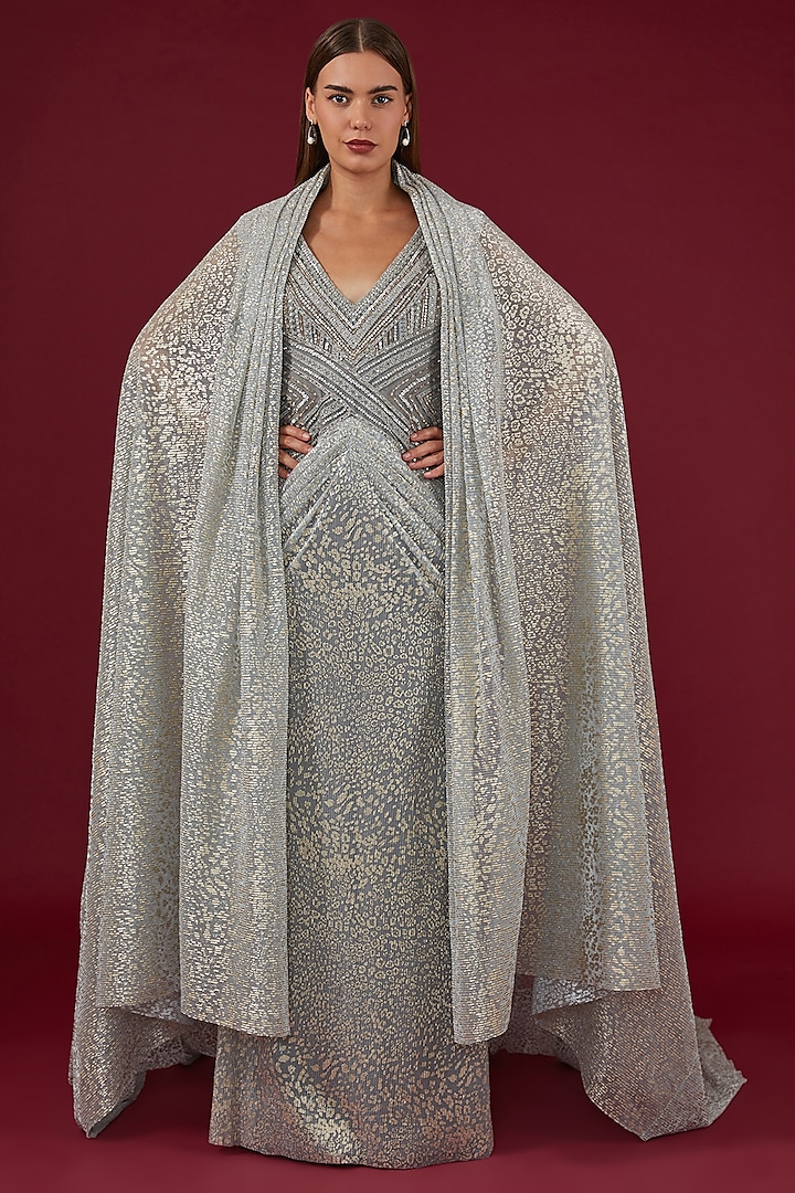 Grey Imported Net Foil Printed & Applique Embroidered Draped Gown by Shantnu & Nikhil