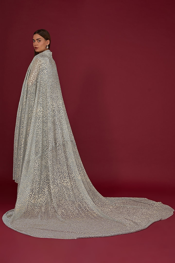 Grey Imported Net Foil Printed & Applique Embroidered Draped Bridal Gown by Shantnu & Nikhil at Pernia's Pop Up Shop