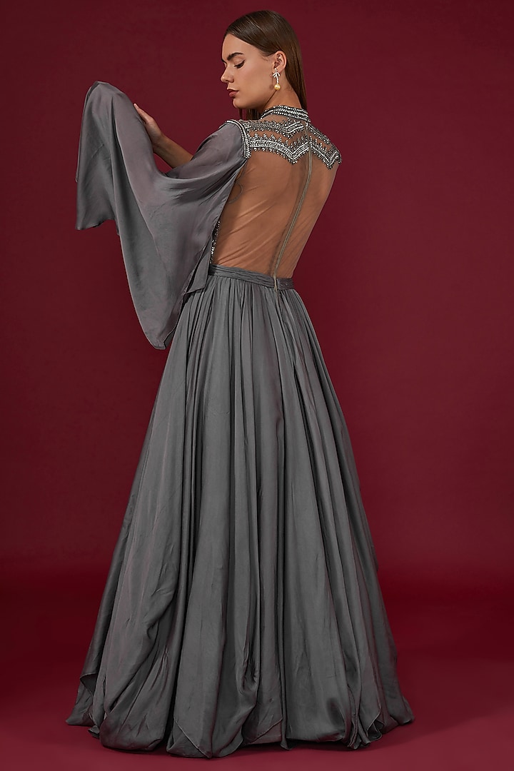 Grey Satin Zardosi Embroidered Draped Wedding Gown by Shantnu & Nikhil at Pernia's Pop Up Shop