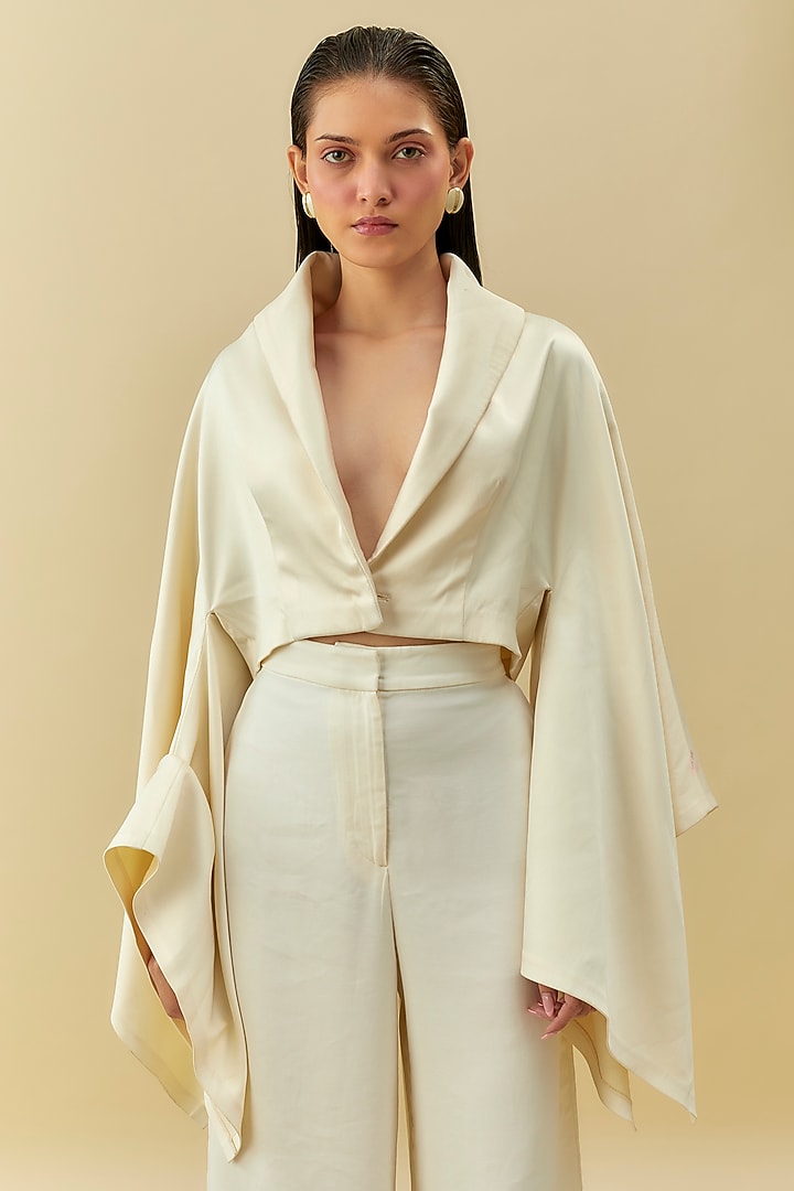 Pearled Ivory Satin Crop Jacket by Shantnu & Nikhil at Pernia's Pop Up Shop