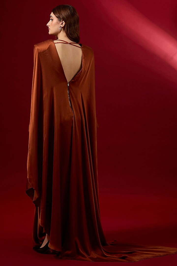 Burnt Orange Satin Draped Wedding Gown by Shantnu & Nikhil at Pernia's Pop Up Shop