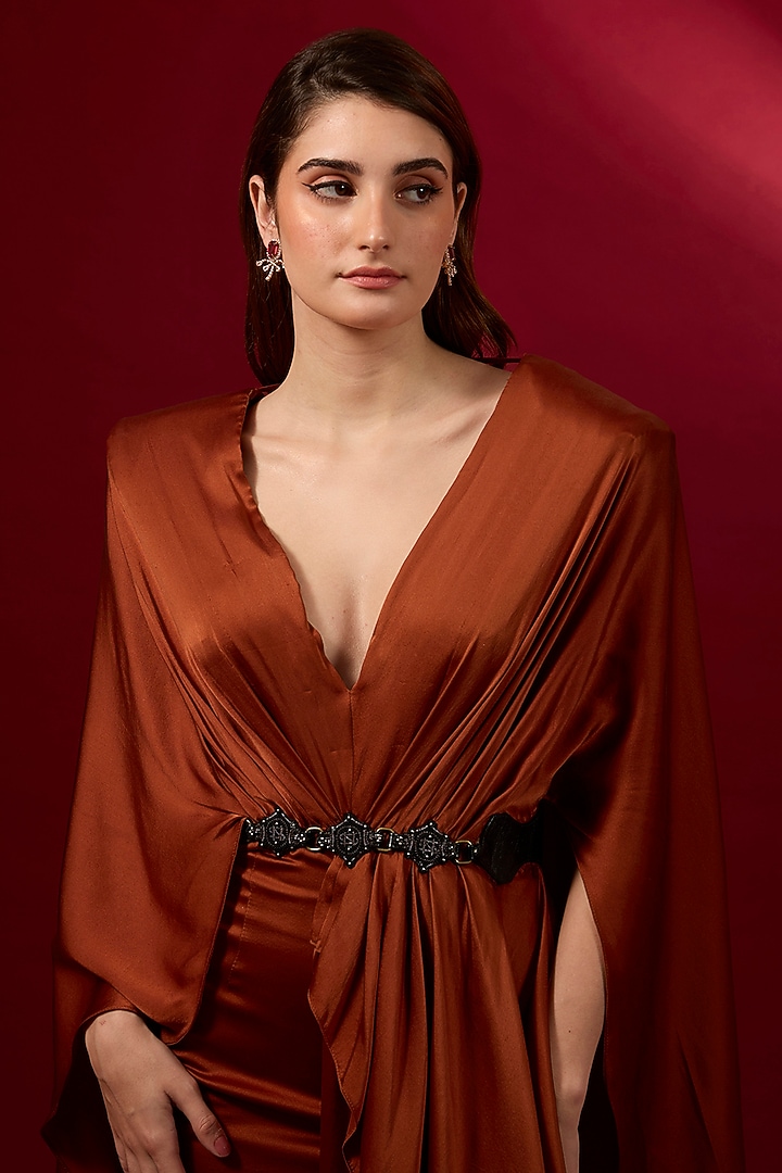 Burnt Orange Satin Draped Wedding Gown by Shantnu & Nikhil at Pernia's Pop Up Shop