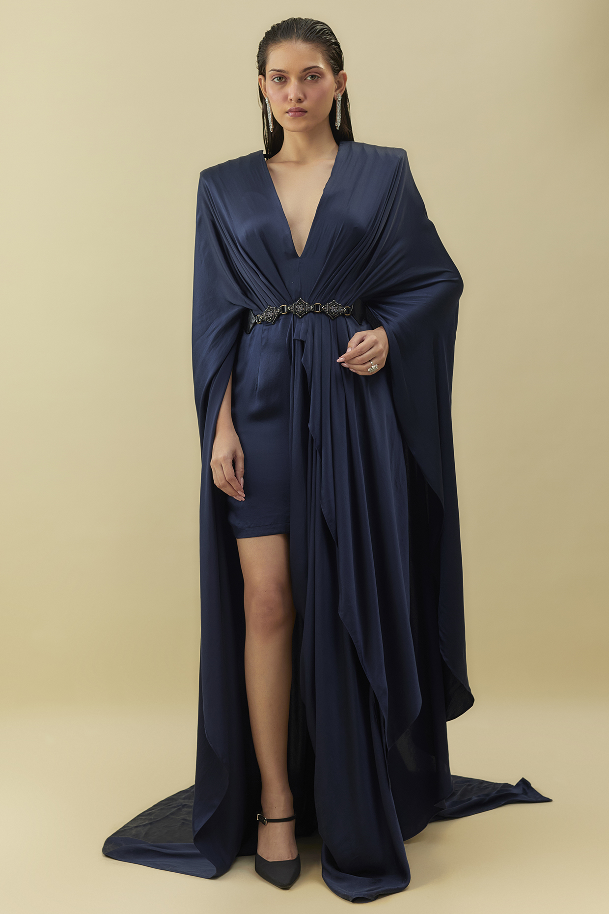 Midnight Blue Satin Zardosi Embroidered Power Shoulder Gown by Shantnu & Nikhil at Pernia's Pop Up Shop