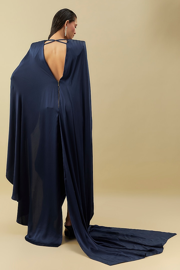 Midnight Blue Satin Zardosi Embroidered Power Shoulder Wedding Gown by Shantnu & Nikhil at Pernia's Pop Up Shop