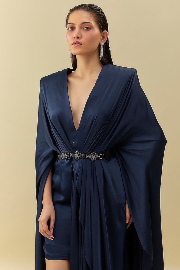 Midnight Blue Satin Zardosi Embroidered Power Shoulder Wedding Gown by Shantnu & Nikhil at Pernia's Pop Up Shop