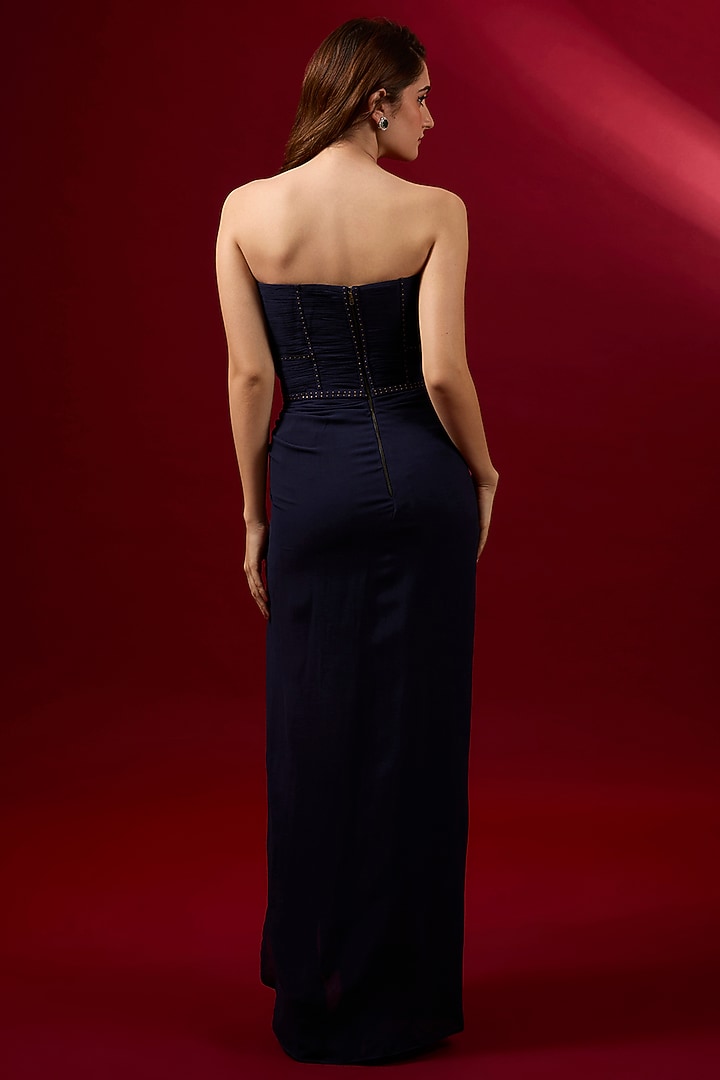 Midnight Blue Georgette Rexine Embellished Wedding Gown by Shantnu & Nikhil at Pernia's Pop Up Shop