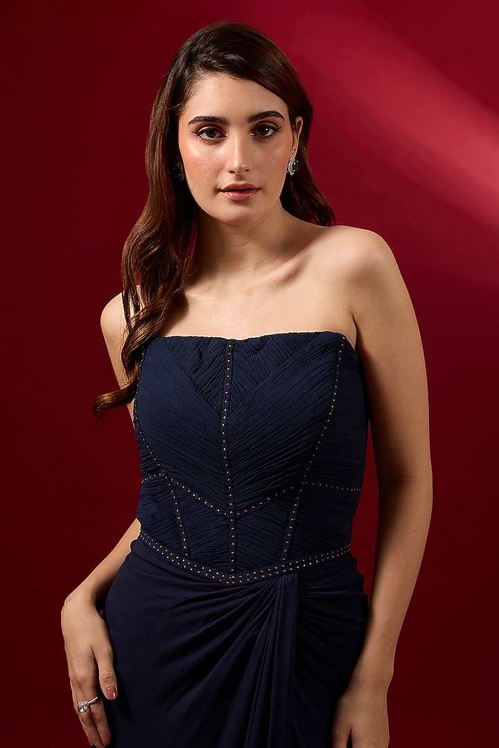 Midnight Blue Georgette Rexine Embellished Wedding Gown by Shantnu & Nikhil at Pernia's Pop Up Shop