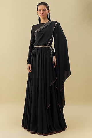 Black Crepe Hand Embroidered Anarkali Gown by Shantnu & Nikhil