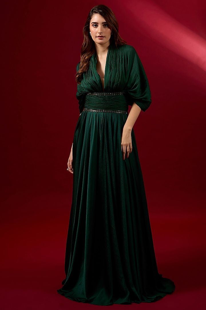 Emerald Green Satin Rexine Embroidered Anarkali by Shantnu & Nikhil at Pernia's Pop Up Shop