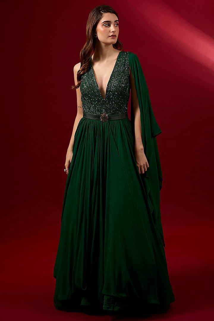 Emerald Green Georgette Applique Embroidered Anarkali by Shantnu & Nikhil at Pernia's Pop Up Shop