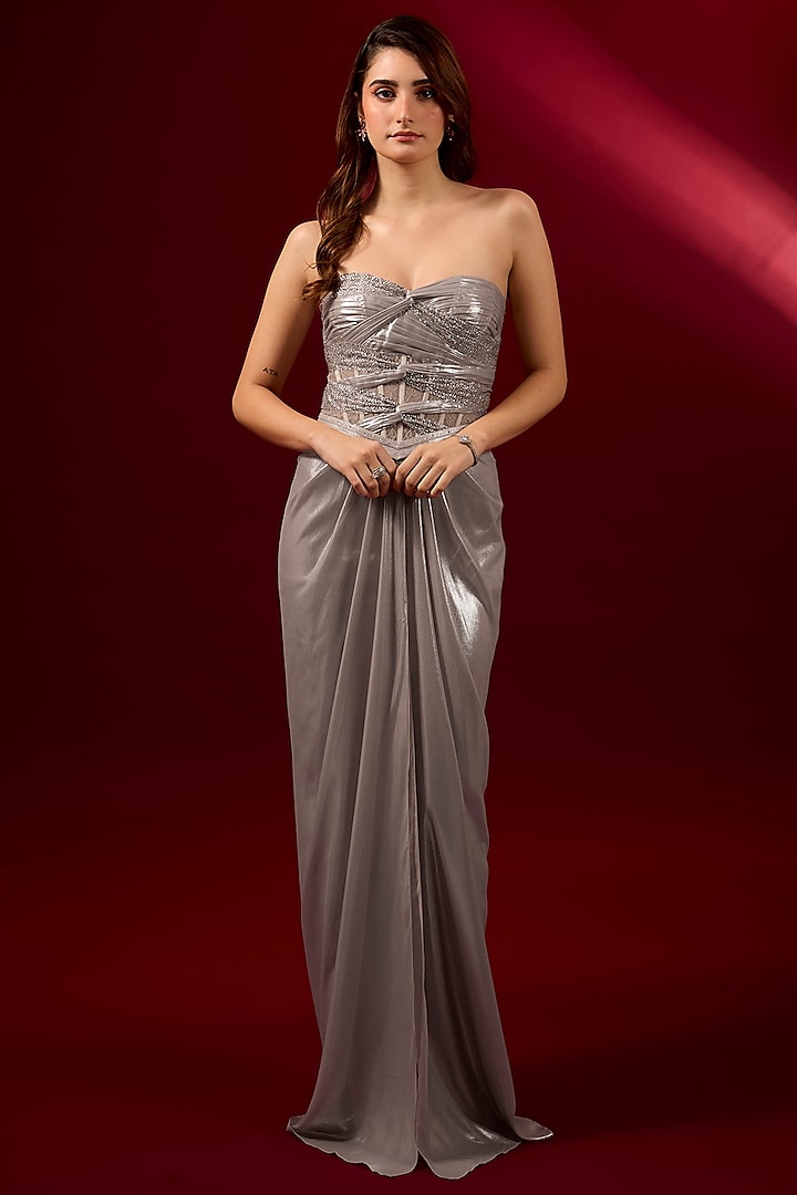 Taupe Foil Chiffon Swarovski Embroidered Gown Saree by Shantnu & Nikhil at Pernia's Pop Up Shop