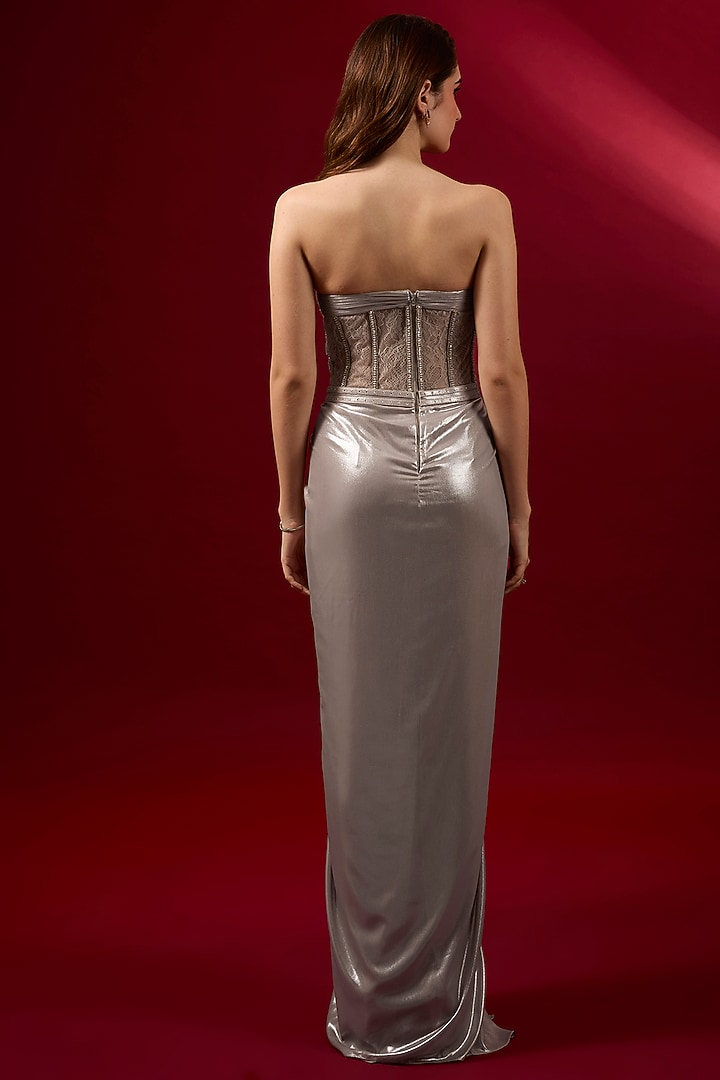 Taupe Foil Chiffon Swarovski Embroidered Reception Gown Saree by Shantnu & Nikhil at Pernia's Pop Up Shop