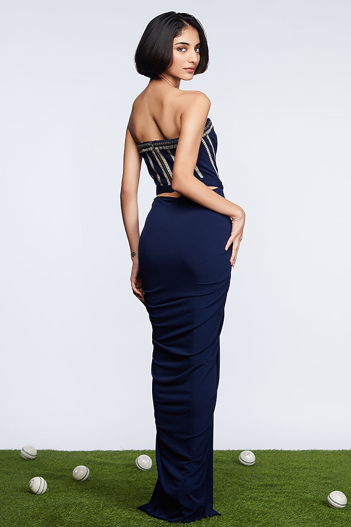 Navy Blue Poly Jersey Draped Gown by S&N by Shantnu Nikhil at Pernia's Pop Up Shop