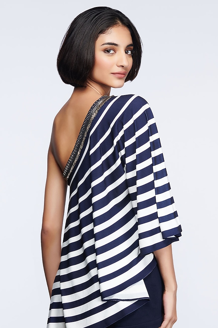 Navy Blue Poly Jersey One Shoulder Top by S&N by Shantnu Nikhil at Pernia's Pop Up Shop