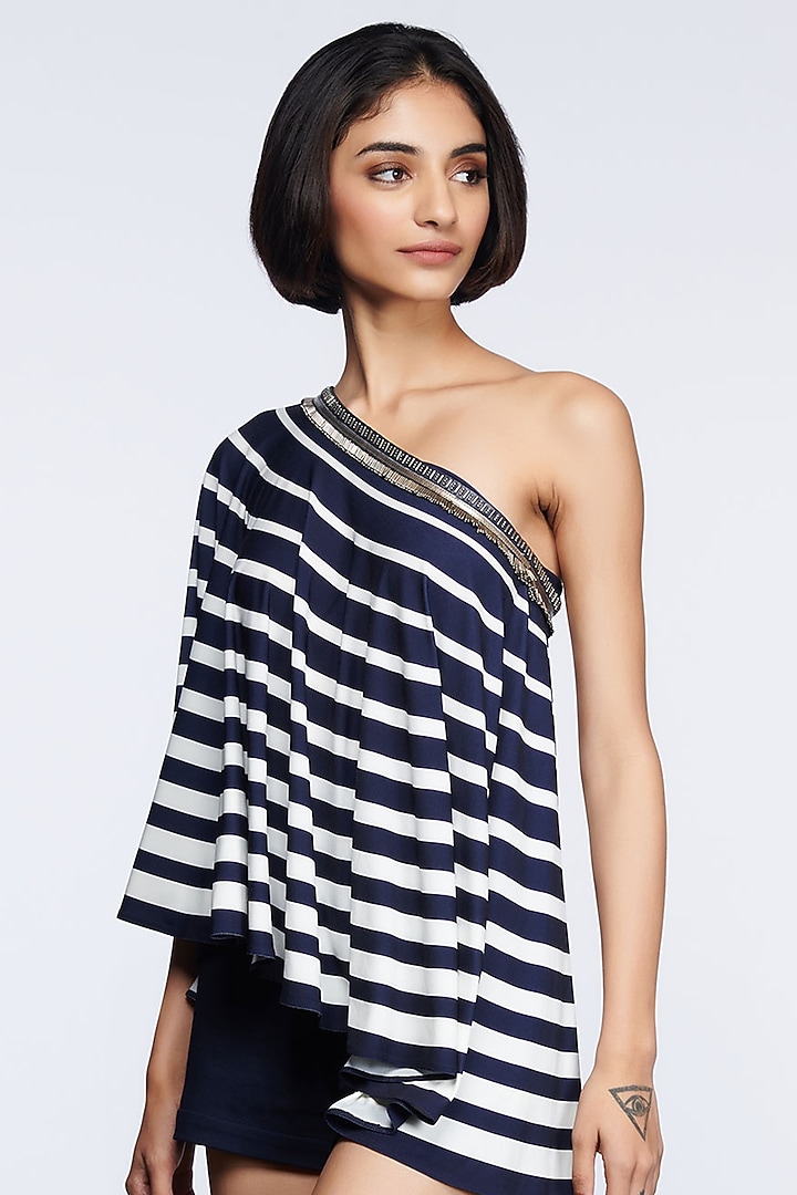 Navy Blue Poly Jersey One Shoulder Top by S&N by Shantnu Nikhil at Pernia's Pop Up Shop