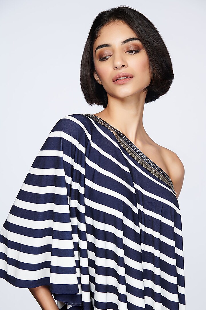 Navy Blue Poly Jersey One Shoulder Top by S&N by Shantnu Nikhil at Pernia's Pop Up Shop