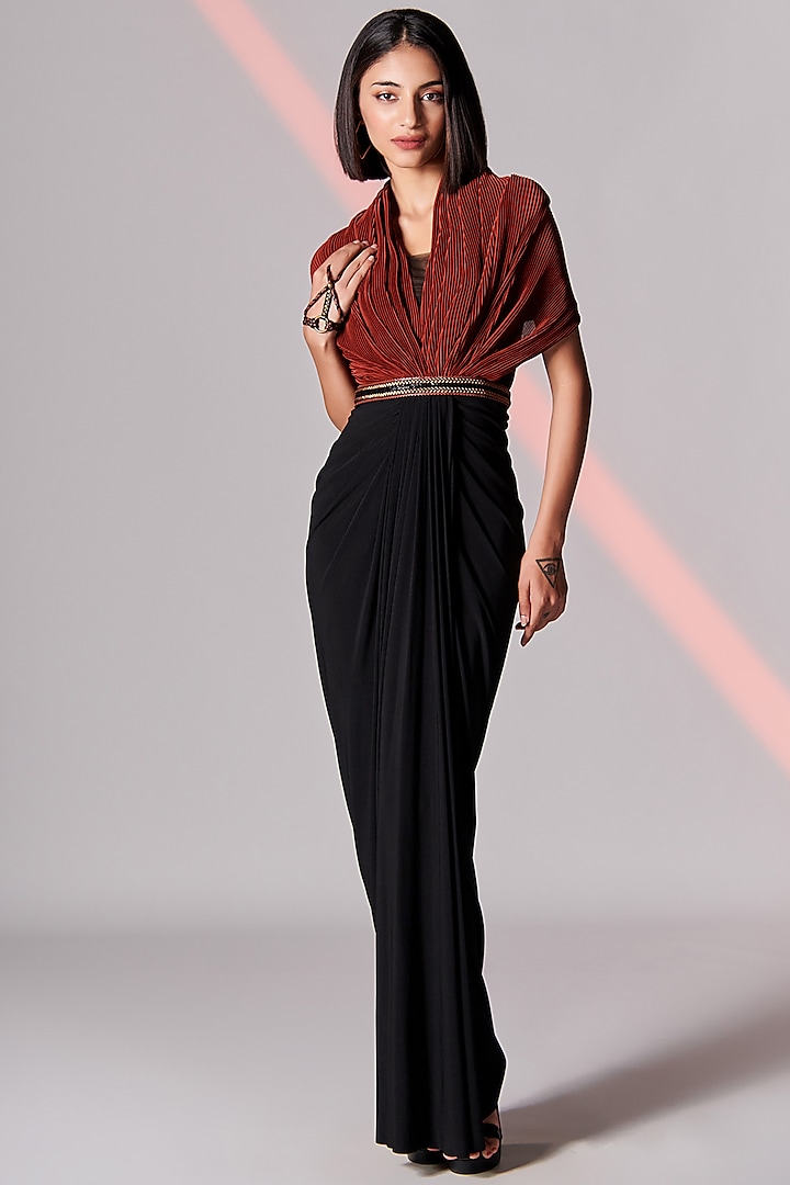 Black Poly Jersey Cape Gown Saree by S&N by Shantnu Nikhil at Pernia's Pop Up Shop