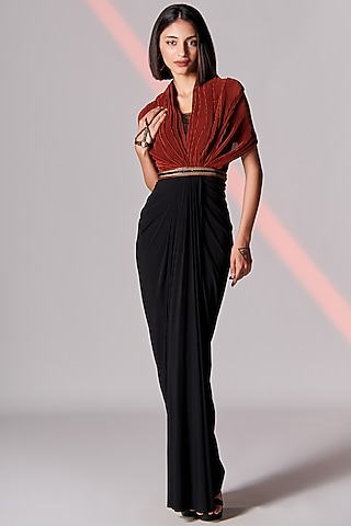 Black Poly Jersey Cape Gown Saree by S&N by Shantnu Nikhil