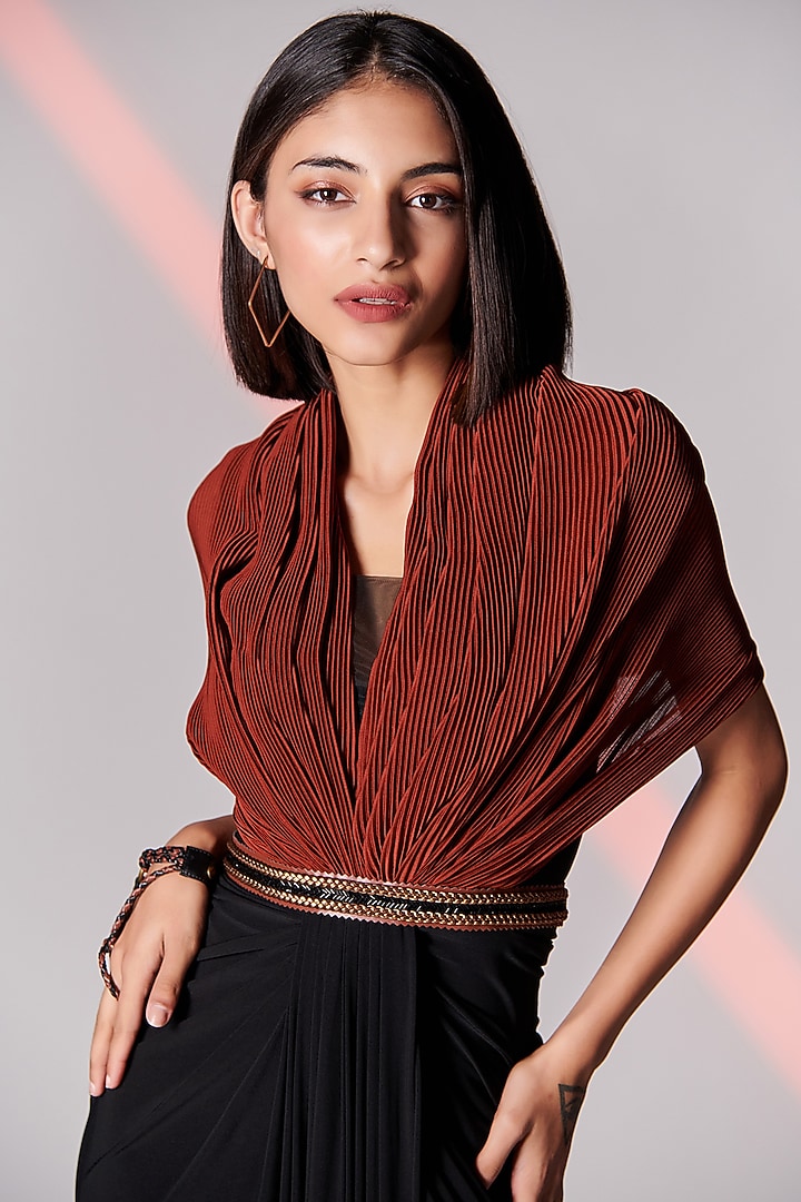 Black Poly Jersey Cape Wedding Gown Saree by S&N by Shantnu Nikhil at Pernia's Pop Up Shop