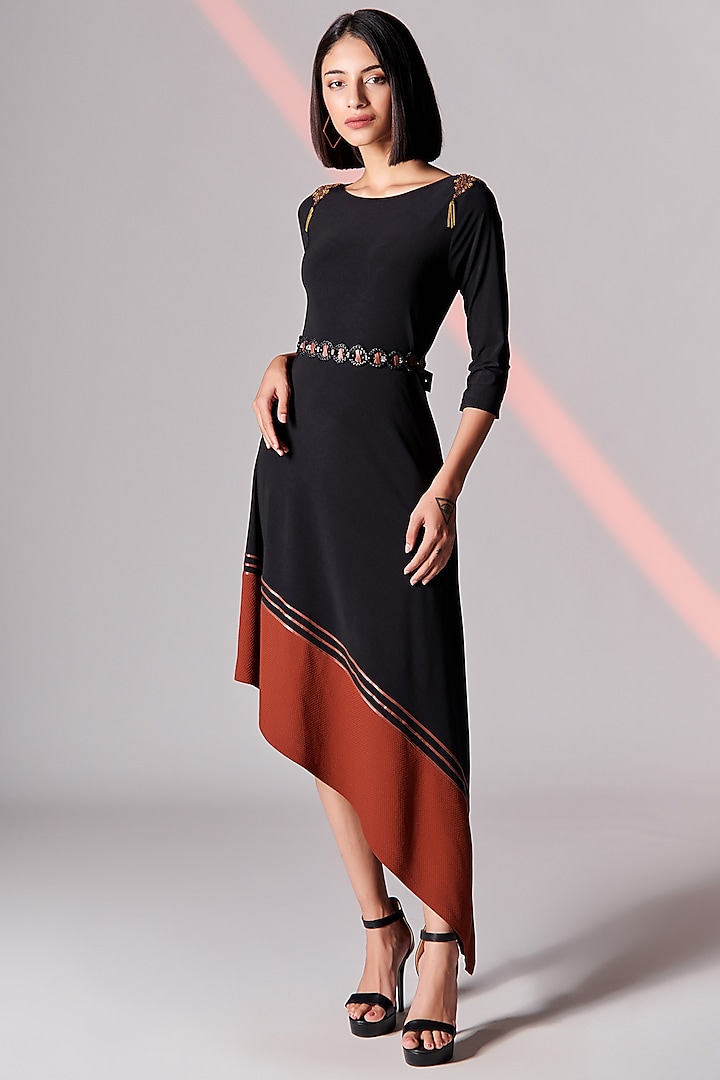 Black Embroidered Asymmetrical Dress by S&N by Shantnu Nikhil at Pernia's Pop Up Shop