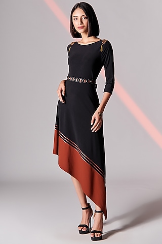 Black Embroidered Asymmetrical Dress by S&N by Shantnu Nikhil