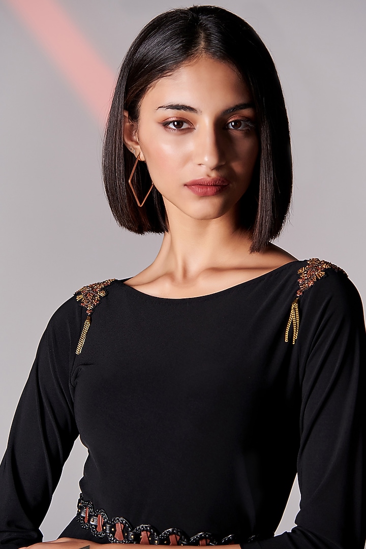 Black Embroidered Asymmetrical Vacation Dress by S&N by Shantnu Nikhil at Pernia's Pop Up Shop