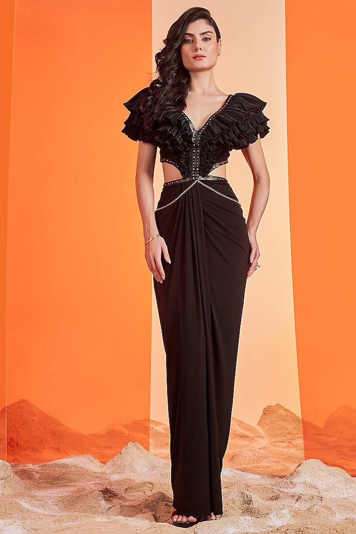 Black Embellished Gown Saree by S&N by Shantnu Nikhil at Pernia's Pop Up Shop