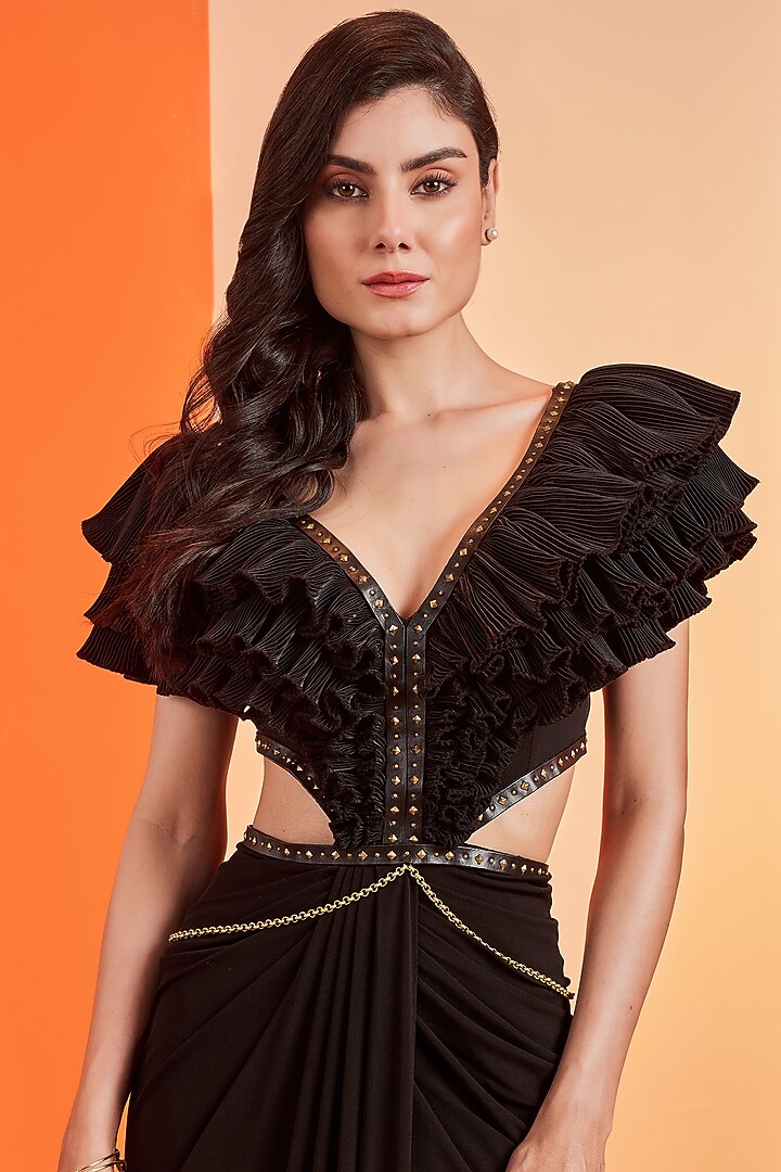 Black Embellished Wedding Gown Saree by S&N by Shantnu Nikhil at Pernia's Pop Up Shop