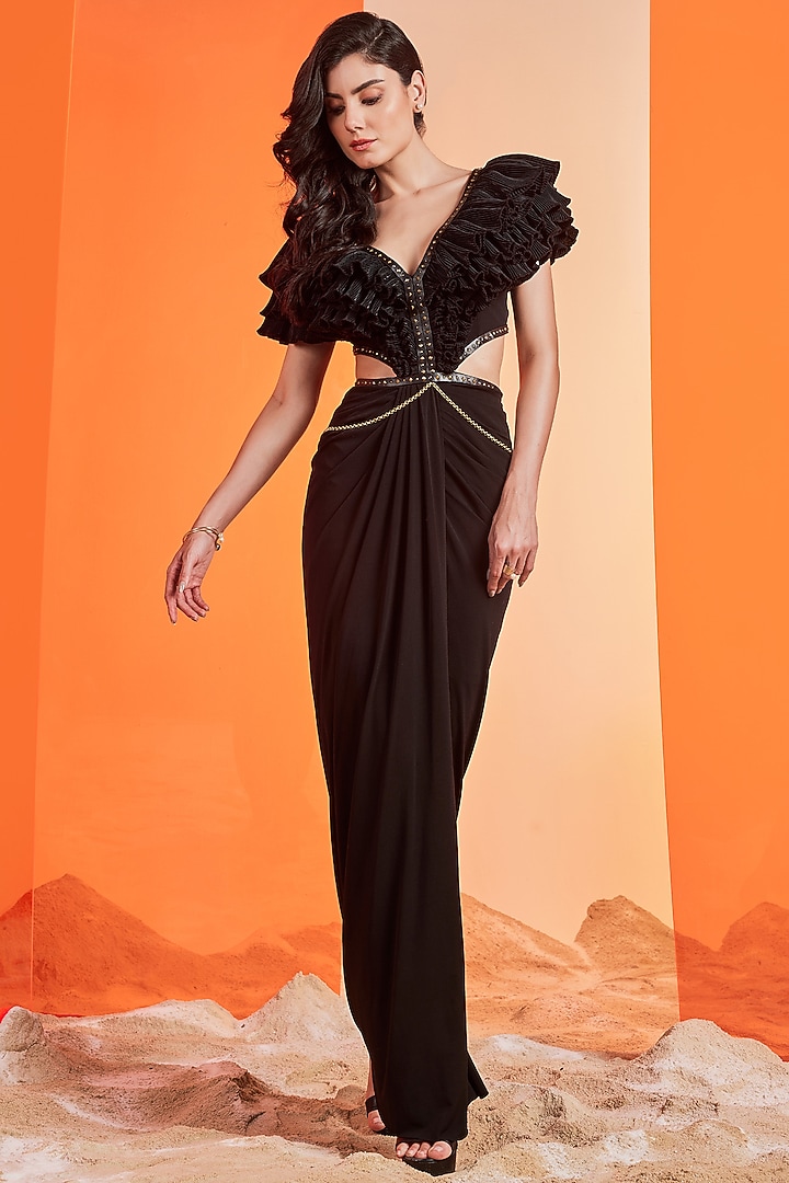 Black Embellished Wedding Gown Saree by S&N by Shantnu Nikhil at Pernia's Pop Up Shop