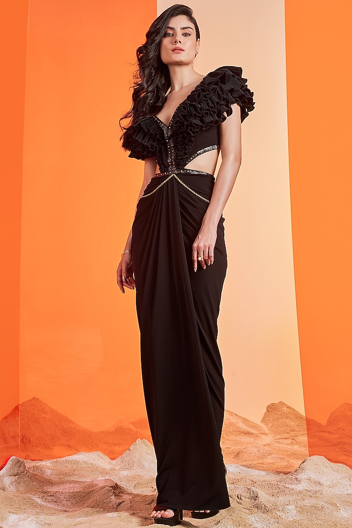 Black Embellished Wedding Gown Saree by S&N by Shantnu Nikhil at Pernia's Pop Up Shop