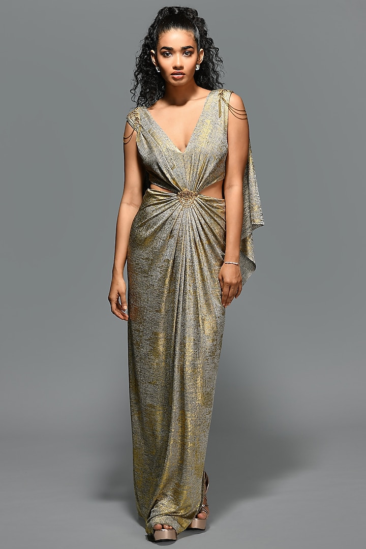 Metallic Gold Embellished Draped Gown Saree by S&N by Shantnu Nikhil