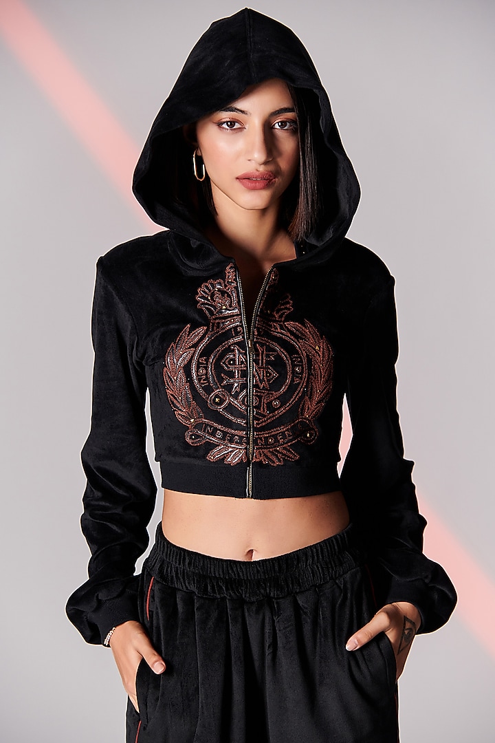 Black Poly Jersey Cropped Hoodie by S&N by Shantnu Nikhil