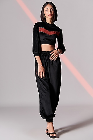 Black Velvet Cropped Sweatshirt by S&N by Shantnu Nikhil