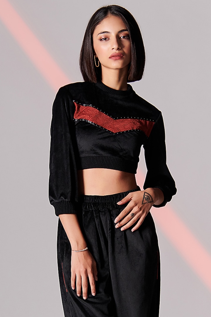 Black Velvet Cropped Sweatshirt by S&N by Shantnu Nikhil at Pernia's Pop Up Shop