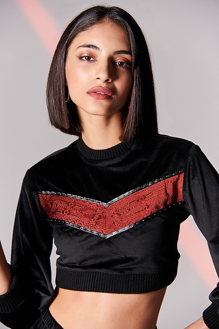 Black Velvet Cropped Sweatshirt by S&N by Shantnu Nikhil at Pernia's Pop Up Shop