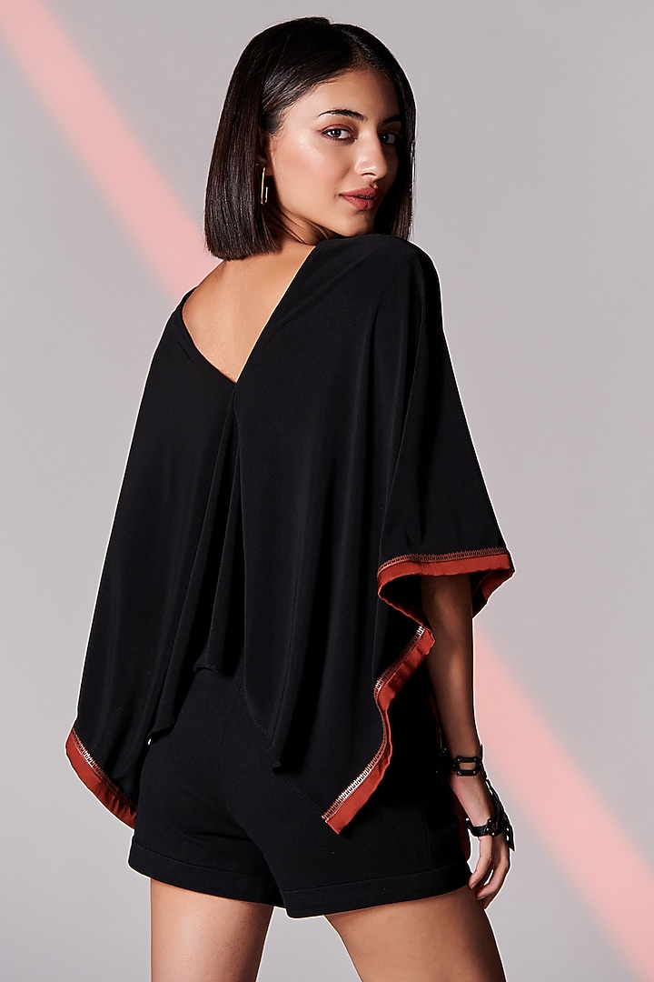 Black Poly Jersey & Chiffon Satin Cape Top by S&N by Shantnu Nikhil at Pernia's Pop Up Shop