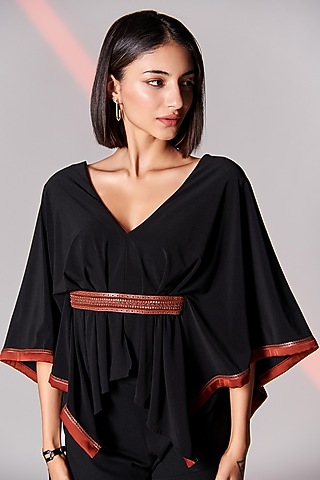 Black Poly Jersey & Chiffon Satin Cape Top by S&N by Shantnu Nikhil