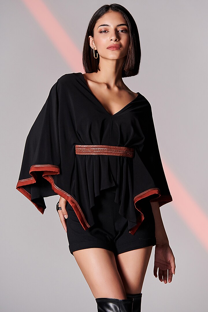 Black Poly Jersey & Chiffon Satin Cape Top by S&N by Shantnu Nikhil at Pernia's Pop Up Shop