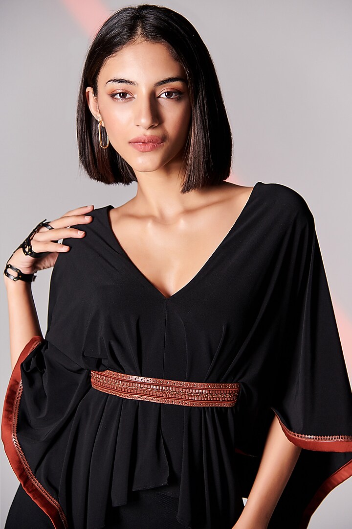 Black Poly Jersey & Chiffon Satin Cape Top by S&N by Shantnu Nikhil at Pernia's Pop Up Shop