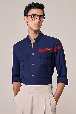 Navy Blue Viscose Suiting Blend Color-Blocked Shirt by S&N by Shantnu Nikhil Men