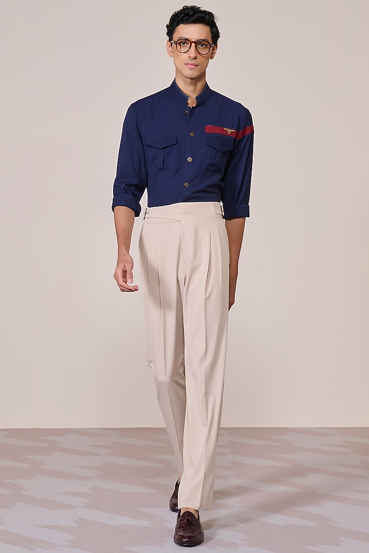 Navy Blue Viscose Suiting Blend Color-Blocked Wedding Shirt by S&N by Shantnu Nikhil Men at Pernia's Pop Up Shop